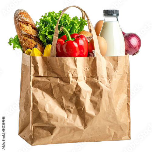 A brown paper grocery bag overflowing with fresh produce and dairy items against a black background.