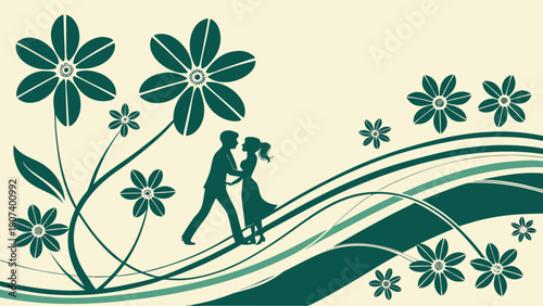 Emerald and gold 3D floral glossy wallpaper with couple standing hand in hand on elegant wavy line abstract background