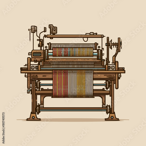 Vintage Industrial Power Loom Weaving Colorful Threads