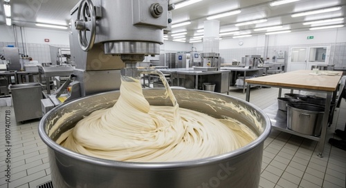 Industrial mixer with dough in a commercial kitchen.