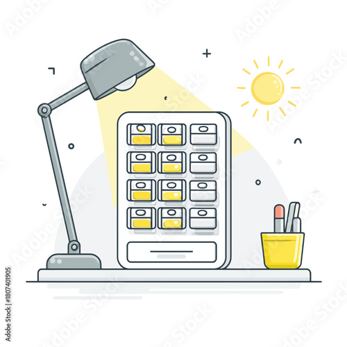 A flat vector illustration of a pill dispenser on a desk