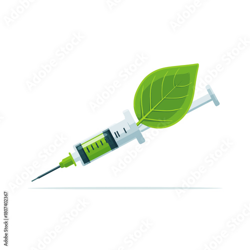 A syringe with a green liquid and leaf showing medical concepts