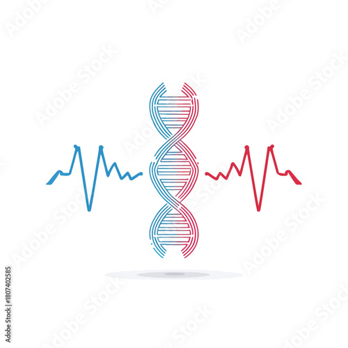 DNA helix with heartbeat waveforms on a white background