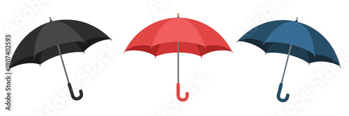 Three colorful umbrellas open and ready for rain protection