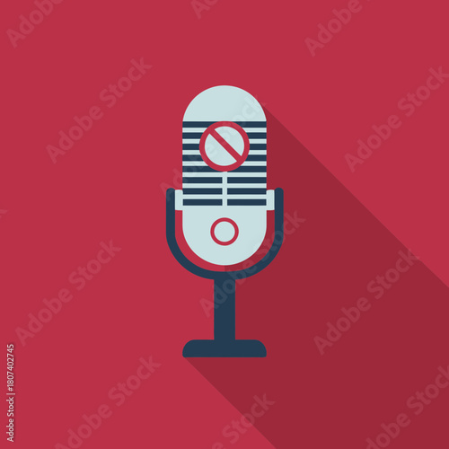 Flat Microphone Icon with Mute Symbol on Red Background