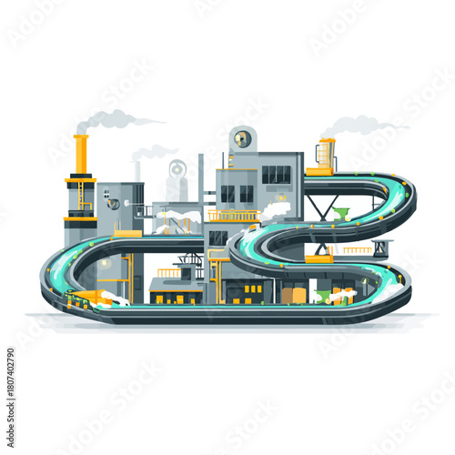 Flat vector illustration of an industrial factory with conveyor belt