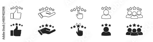 Five-star rating and review icon set with client feedback, quality, service, and success symbols on transparent background