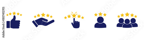 Star rating and review icon set with positive feedback, client satisfaction, quality and user opinion symbols on transparent background