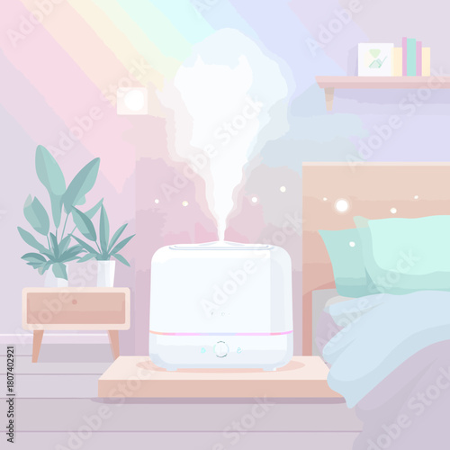 Humidifier emitting vapor in a pastel colored bedroom scene