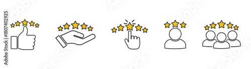 Five-star rating and review icon set with client feedback, quality, service, and success symbols on transparent background