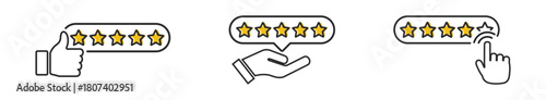 Five-star rating and review icon set with positive feedback, client satisfaction, quality and success symbols on transparent background