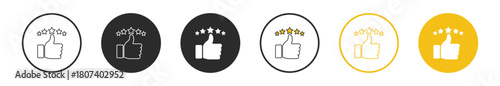 Five-star rating and thumb-up icon set with positive feedback, client approval, quality and business symbols on transparent background