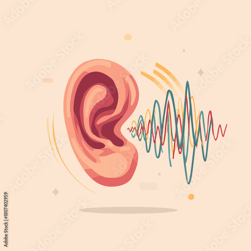 Illustration of an Ear with Sound Waves Emanating Out