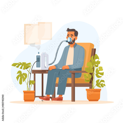 Patient in a chair using a nebulizer for respiratory treatment