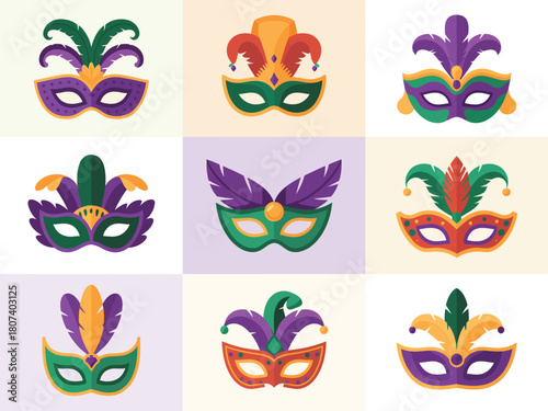 Collection of colorful mardi gras masks with feathers and ornate designs