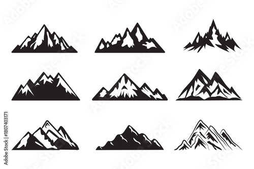 Mountain silhouette icon vector set isolated on white background. Black mountain, rocks and peaks Shape For logo design. Snow rocky range, hike, travel illustration sign. Vector illustration.