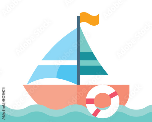Cute cartoon sailboat with orange hull and blue sails on wavy water
