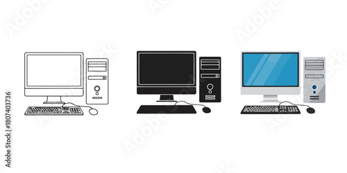 Three styles vector set line art, silhouette and color version face masks in different styles outline, solid black, and blue, representing protection and healthcare during pandemic