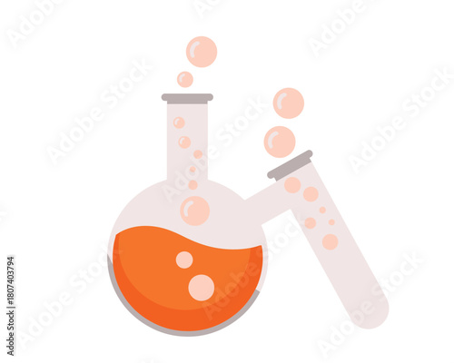 Two laboratory flasks with orange liquid and bubbles