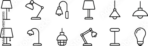 lamp, light, lighting, icon, symbol, desk lamp, floor lamp, pendant light, bulb, fixture, design, graphic, simple, outline, line art, black, white background, modern, interior, object, illumination, e