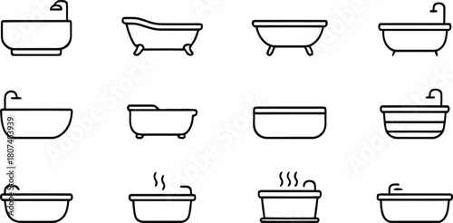 bathtub, hot tub, bath, tub, icon, symbol, bathroom, relaxation, hygiene, clean, water, steam, spa, design, graphic, simple, outline, line art, black, white background, object, furniture, interior, ho