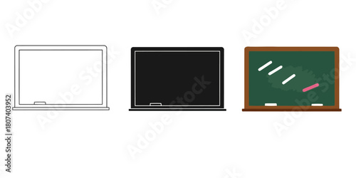 Chalkboard In Three styles vector set line art, silhouette and color version with chalk marks and eraser