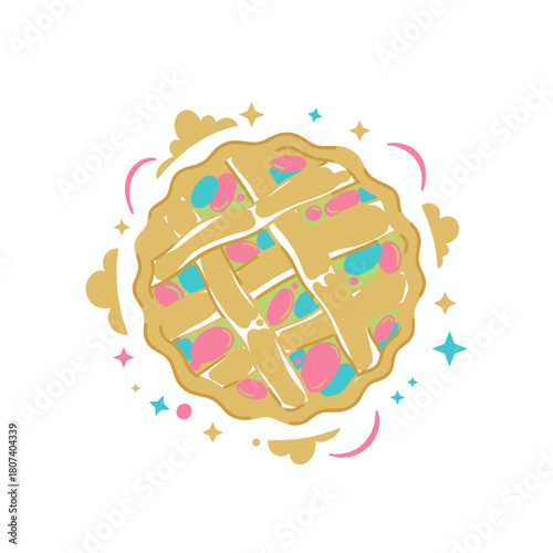 Colorful pie illustration in rustic chic style, festive mood, New Year sweets, copy space