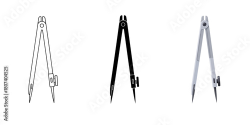 Three compass designs in outline, silhouette, and realistic style, showcasing precision and technical drawing tools on transparent background