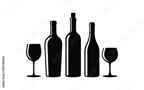 Silhouette of wine bottles and glasses on a white background