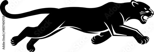 Panther icon in black flat style. Featuring a powerful leaping wild cat illustration, aggressive predator symbol, ideal for mascot design. Wildlife animal isolated on transparent background.