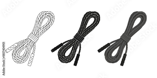 Three jump ropes, each with a different style and color scheme, showcasing variations in design and presentation on transparent background