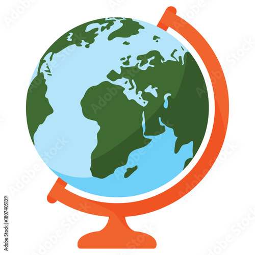 Illustration of a colorful globe on an orange stand against a white background