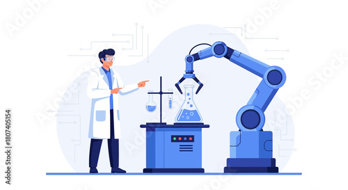 Scientist supervising robotic arm in laboratory research experiment automation setup