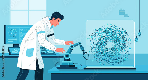 Scientist using robotic arm in futuristic laboratory for scientific innovation and research