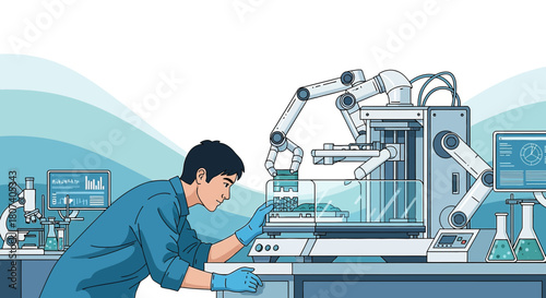 Scientist working with robotic arm and 3D printer for research and development in laboratory