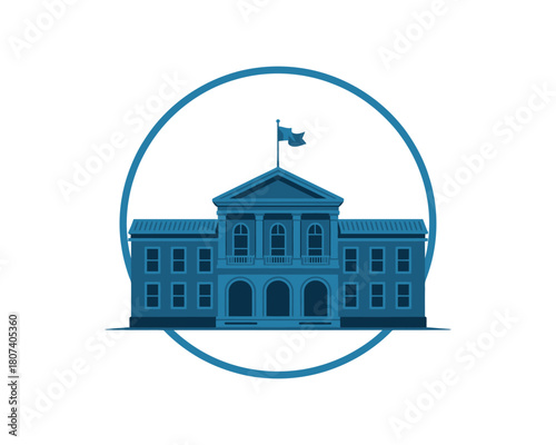Classic blue government building facade with flag and circle emblem