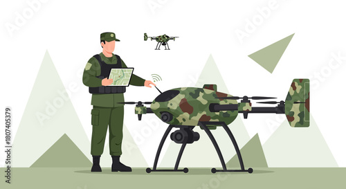 Soldier operating military drone technology for surveillance and reconnaissance missions in