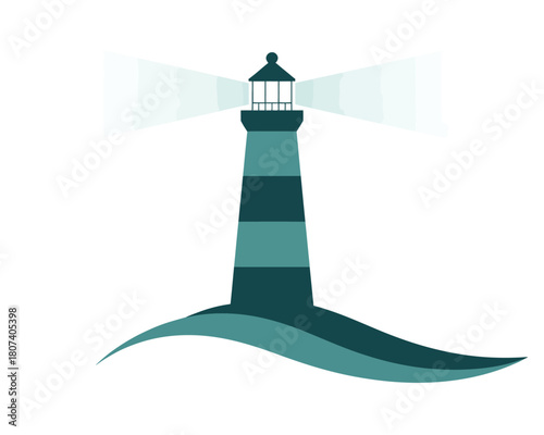 Stylized lighthouse shining light over ocean waves