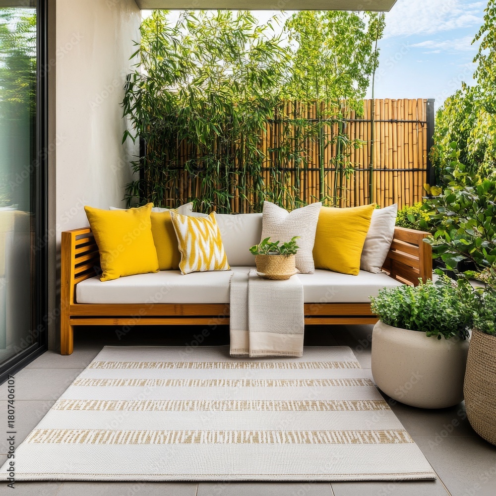 Obraz premium Serene Balcony Retreat Yellow Cushions, Bamboo Screen, Outdoor Rug, Outdoor decor , Patio design