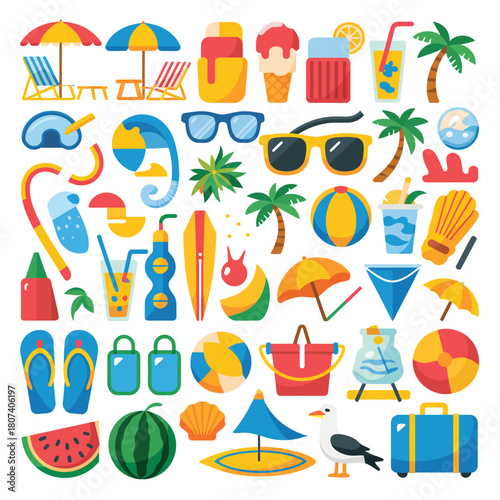 Collection of colorful summer vacation and beach icons and illustrations