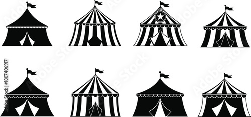 Circus, tent, silhouettes, vector, set, featuring, classic, striped, big, top, carnival, and, entertainment, event, icons, perfect, for, fair, party, poster, and, graphic, designs, and, logos.