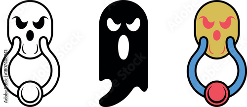 Spooky Halloween door knocker illustrations with ghost and skull figures for seasonal designs