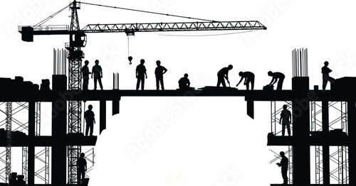 Construction, site, silhouettes, vector, scene, featuring, building, framework, workers, crane, scaffolding, and, 