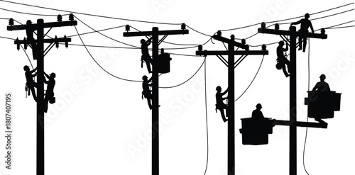 Lineman, electrical, worker, silhouettes, vector, set, showing, repairmen, on, power, poles, fixing, transformer, and, using, bucket, truck, for, utility, energy, and, maintenance, graphics.