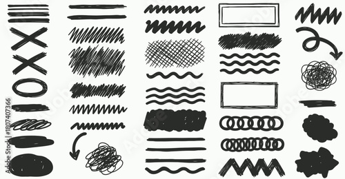 Hand-drawn sketch elements collection, artistic strokes, lines, scribbles, arrows, and shapes on a white background for design projects