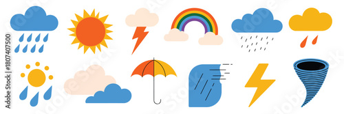 Collection of colorful weather icons and symbols for forecasting and climate