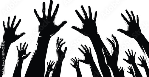 Raising, hands, crowd, silhouette, vector, graphic, symbolizing, protest, voting, achievement, asking, for, help, celebration, and,
