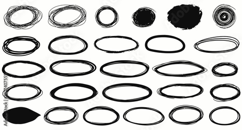 Set of hand-drawn black doodle ovals and sketched circular frames. Grunge scribble borders and highlighting elements for design projects, vector illustration collection