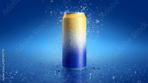 Refreshing beverage can with water splashes and condensation on a vibrant blue background