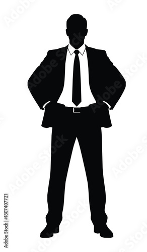 Silhouette of a confident businessman standing with hands on hips isolated on white background